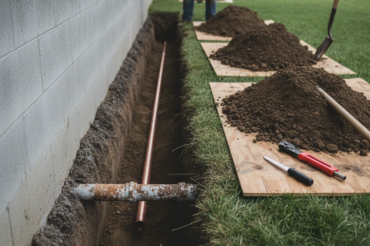 Excavated water line trench during Water Heater Repair in New Durham
